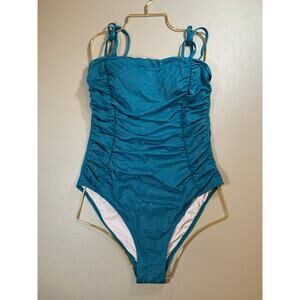 NWT Cupshe Teal Shimmer One Piece Bathing Suit w/ Ruched Sides Size Medium